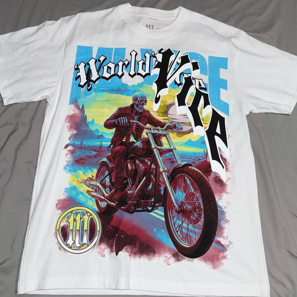 Midnight Studios World Vice Graphic White Mens T-Shirt - Motorbike Skull Design